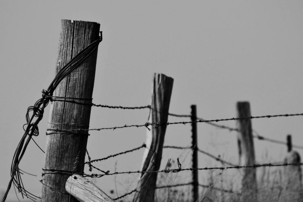 ack and white image and wood and barbed wire fence representing boundaries